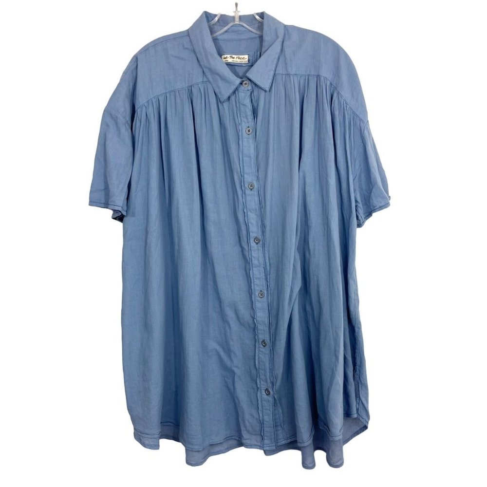 Free People Float Away Shirt Short Sleeve Oversized Button Down Blue Size Large